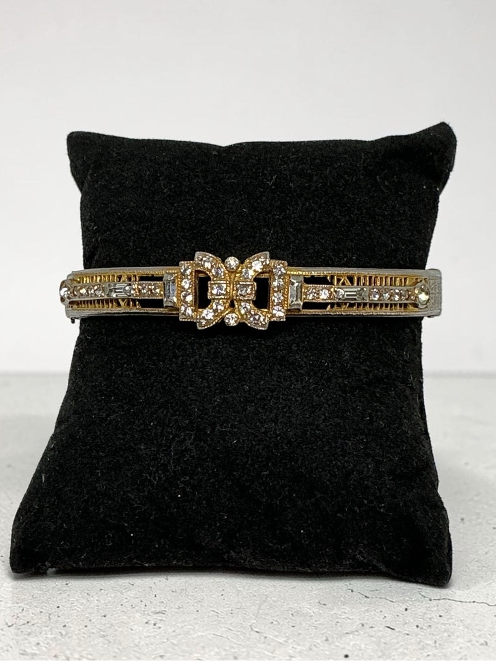 Vintage Art Deco Style Bow Bangle Bracelet Rhinestone Two Tone Hinged